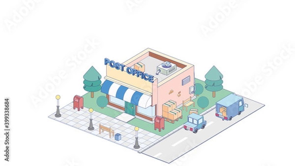 Fototapeta Isometric post office on white background. Modern post officein isometric projection.