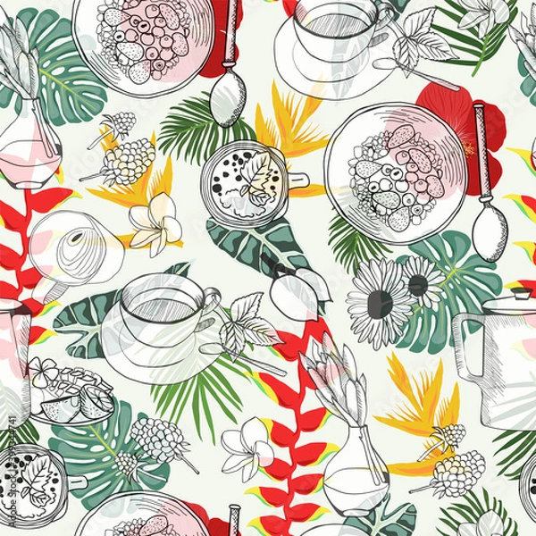 Fototapeta Background with doodle food elements healthy breakfast Cereal granola, tea, teapot and fresh smoothie on tropical seamless pattern. 