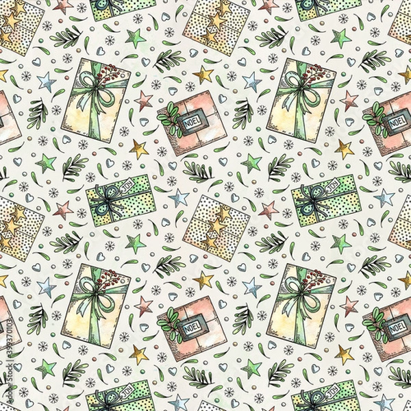 Fototapeta colorful watercolor seamless pattern with a wide range of Christmas decorations and elements