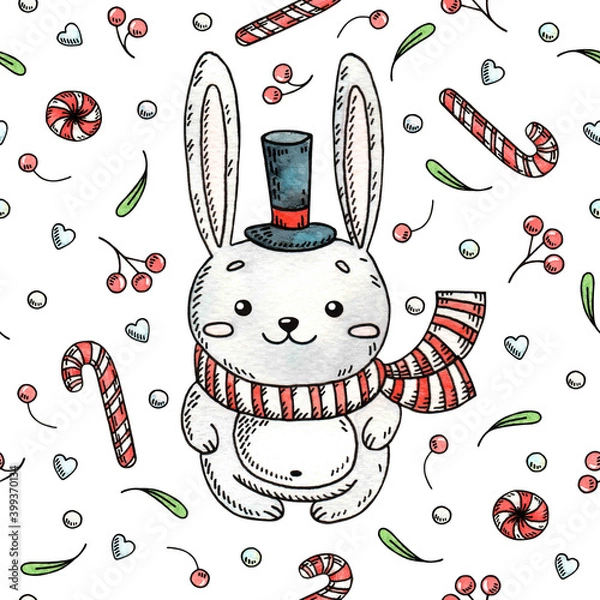 Fototapeta hand-painted watercolor illustration of a cute christmas bunny, can be used like a seamless pattern