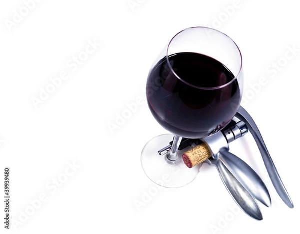 Fototapeta wine glass with red wine and bottlescrew
