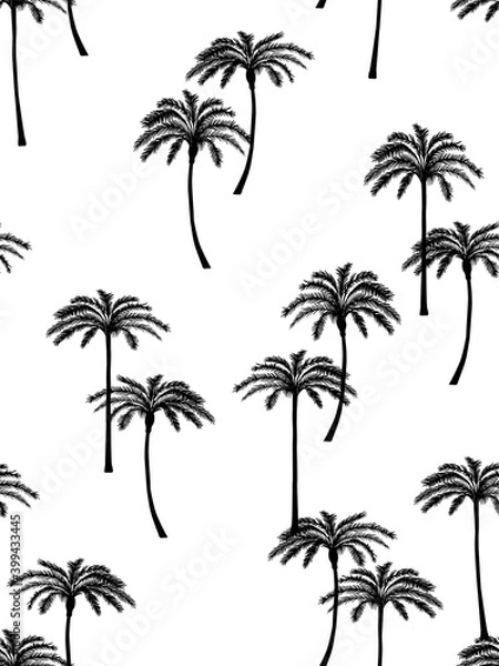 Fototapeta Realistic palm trees illustration seamless pattern. Flat vector in black and white
