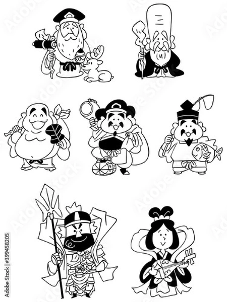 Fototapeta 七福神のモノクロイラスト
