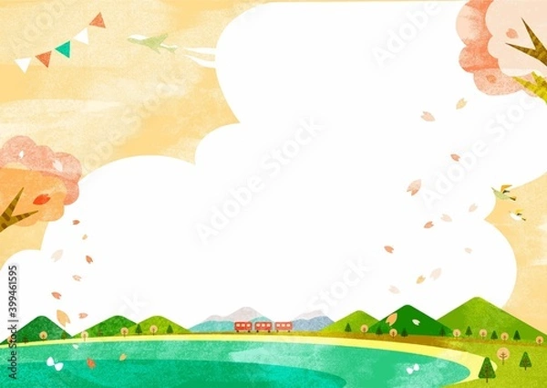 Fototapeta 桜色の春のお出かけポスター背景イラスト　満開の桜と海岸線