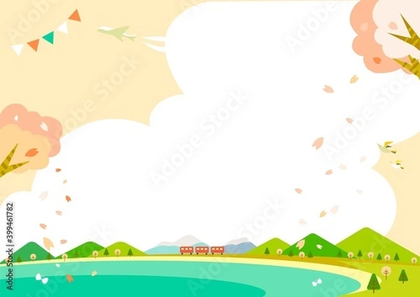 Fototapeta 桜色の春のお出かけポスター背景イラスト　満開の桜と海岸線