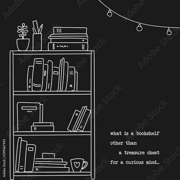 Fototapeta Hand drawn book shelf illustration in linear style with a quote about books 