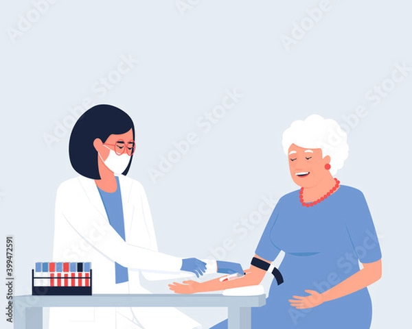 Fototapeta Close-up of the illustrations where a nurse takes blood from a vein for analysis from an elderly woman. A general blood test is prescribed for routine preventive examinations. Flat vector illustration