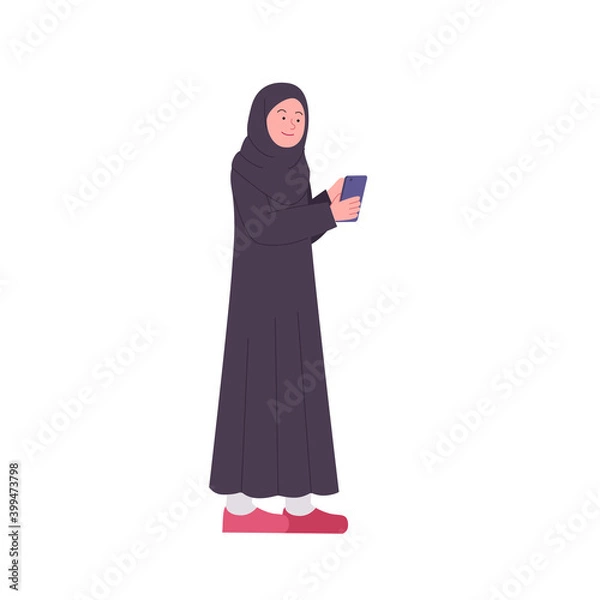 Obraz Arabian Woman Look to Smartphone Flat Illustration