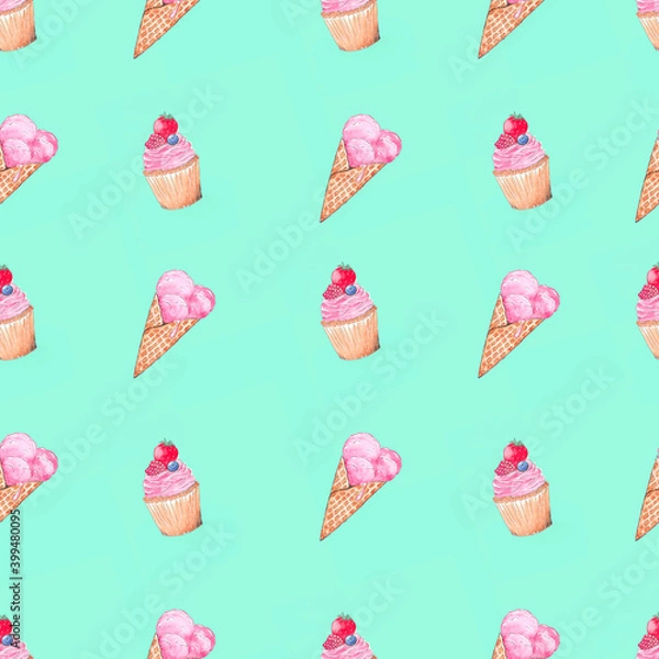 Fototapeta Pattern of watercolor of ice cream and cupcakes on a mint background.