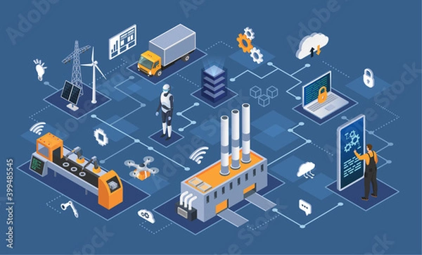 Fototapeta Smart industry 4.0 Industrial internet of things, innovative manufacturing and smart industry. Automation and user interface, connecting with tablet and exchanging data with cyber physical iot system