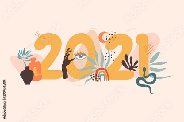 Fototapeta New year 2021 greeting card in pastel colors. Boho drawing abstract with evil eye, leaf, rainbow, hand magic, moon, snake, pottery. Template for New 2021 Year, gift tag, calendar, Stickers, Invitation
