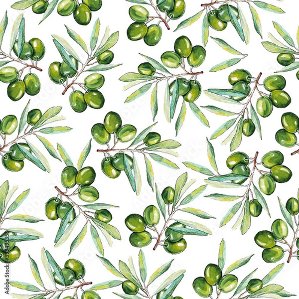 Obraz Watercolor pattern with green olives, hand-painted on a white background