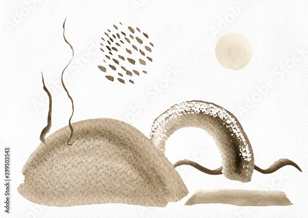 Fototapeta Watercolor abstract hand drawn illustration with sepia and sandy textured shapes, lines and strokes. Sepia and umbra picture, landscape orientation.