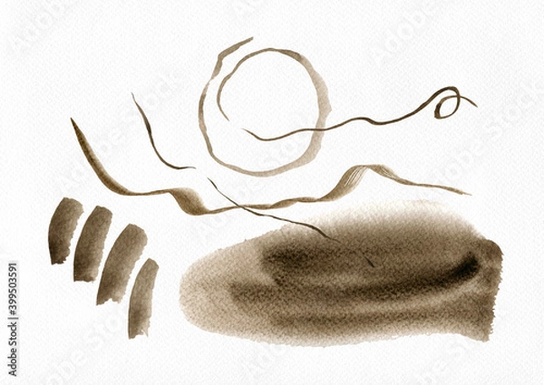 Fototapeta Watercolor abstract hand drawn illustration with sepia and umbra textured shapes, lines and circle. Sepia and umbra picture, landscape orientation