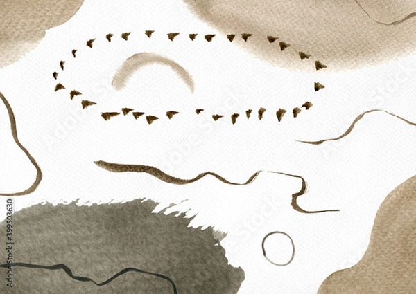 Fototapeta Watercolor abstract hand drawn illustration with sepia and sandy and gray textured shapes, lines and dots. Sepia and sandy and gray picture, landscape orientation.