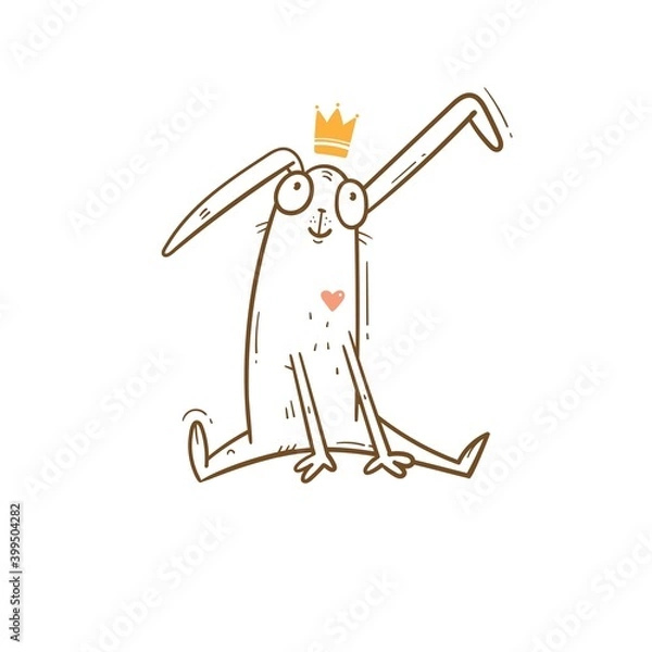 Fototapeta Vector card with cute cartoon bunny in crown. Cheerful rabbiti. Funny hare print. Anthropomorphic character for desing.