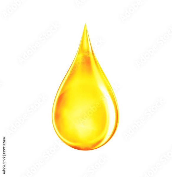 Fototapeta Drop of oil in yellow color. Icon of gold liquid drop like oil, gasoline or vitamins from droplet. Orange drip isolated on white. 3d rendering
