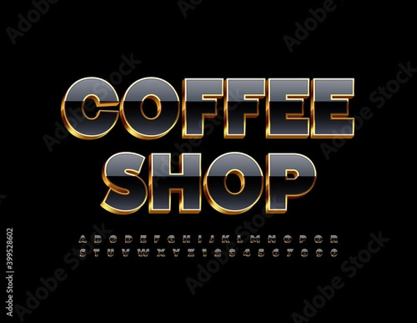 Fototapeta Vector stylish logo Coffee Shop. 3D Black and Gold Font. Shiny elite Alphabet Letters and Numbers set