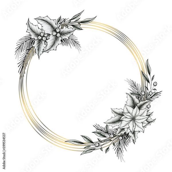 Obraz Christmas golden wreath with poinsettia flower, holly, berry and fir tree branches, vintage Christmassy frame design for Christmas cards, greetings or invitations