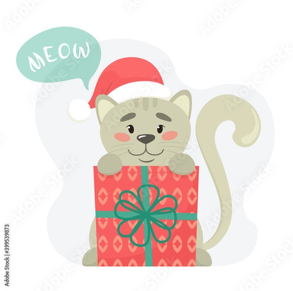 Obraz Cute kitten with a gift box and a Santa hat. Vector illustration in flat style.