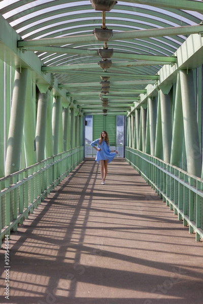Obraz A girl in a blue nightgown walks across the bridge.
