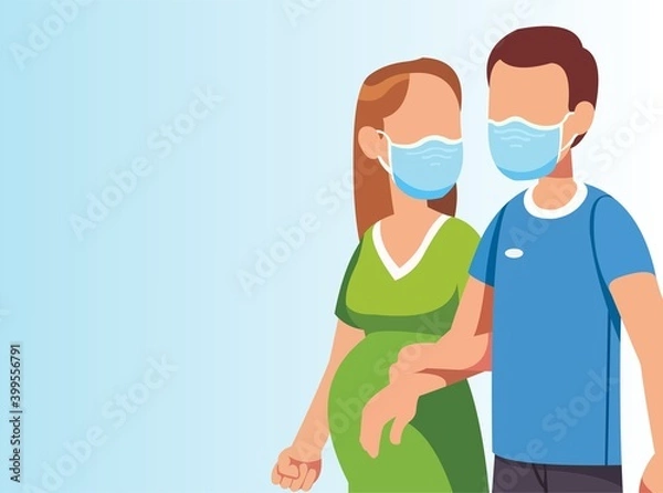 Obraz Vector of pregnant wife holding hands with her husband while wearing masks in pandemic situation
