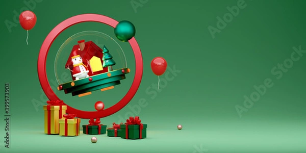 Fototapeta Gift box and snowman with Christmas tree and snow globe in green composition for website or poster or Happiness cards,Christmas banner and festive New Year, realistic 3d illustration or 3d render