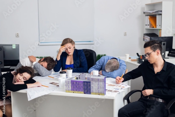 Fototapeta Exhausted architect team on a tiring meeting. Tough decision making, hard choices.