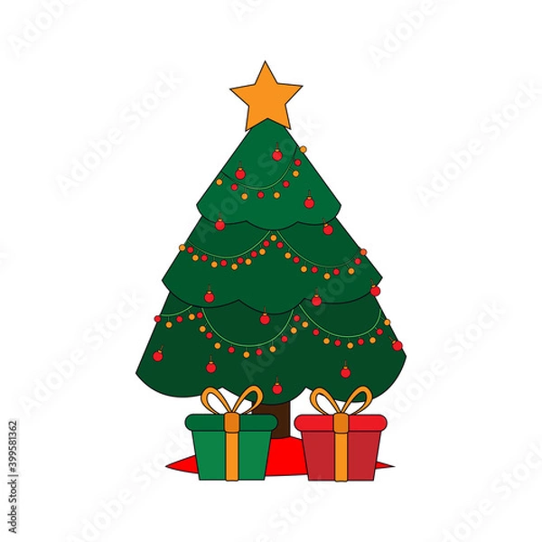 Fototapeta Isolated christmas tree with a star and ornaments. Vector illustration