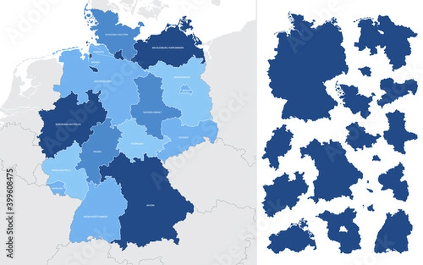 Obraz Szczegółowa niebieska mapa Niemiec z podziałami administracyjnymi na ziemie i regiony kraju