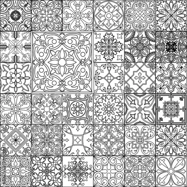 Fototapeta Set of  tiles background in portuguese style. Back and white mosaic background in dutch, portuguese, spanish, italian style.