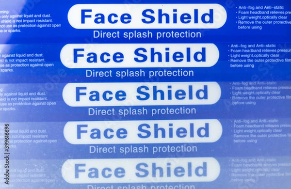 Fototapeta Closeup Stack of Blue Face Shield to protect from direct splash and droplets.