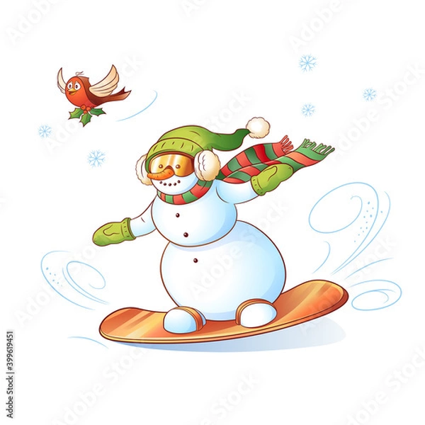 Obraz Vector Snowman riding snowboard. Illustration on white background.