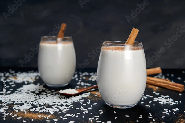 Obraz Horchata with cinnamon in the top (Rice water). Valencian Horchata made with rice, mink and cinnamon topping