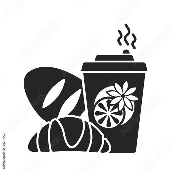 Fototapeta Icon plastic cup mulled wine with curasan and bun. Isometric mulled wine plastic cup vector icon for web design isolated on white background.