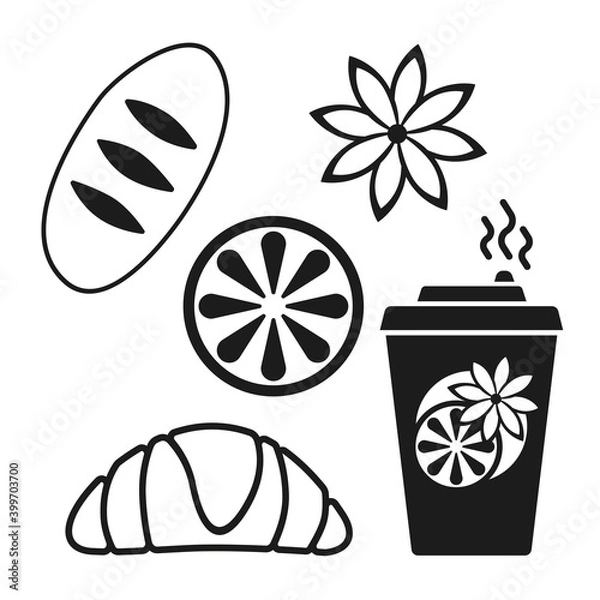 Fototapeta Set of icons mulled wine, orange, cinnamon flower, croissant, bun. Vector illustration. Design element for cafe, menu, diner.