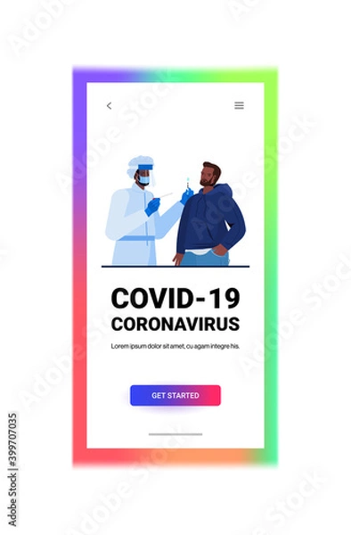 Fototapeta doctor in mask taking swab test for coronavirus sample from african american man patient PCR diagnostic procedure covid-19 pandemic concept portrait vertical copy space vector illustration