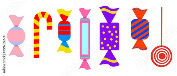 Fototapeta Set of colorful candies, chocolate, lollipop. Vector illustration on a white isolated background.