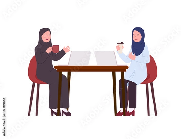 Obraz Two Arabian Office Lady Hijab Talking Together Drinking Flat Illustration