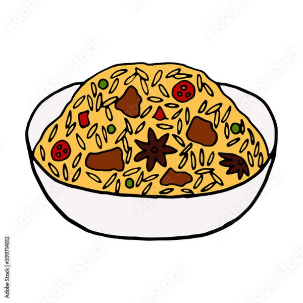Fototapeta Vector hand drawn doodle biryani. Indian cuisine dish. Design sketch element for menu cafe, restaurant, label and packaging. Colorful illustration on a white background.