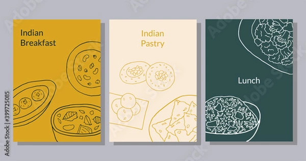 Fototapeta Hand drawn poster set with curry, malai kofta, navratan korma, aloo gobi, biryani, samosa, laddu, rasmalai. Design sketch element for menu cafe, restaurant, bakery and packaging.  Vector illustration.