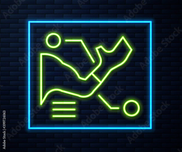 Fototapeta Glowing neon line Prosthesis hand icon isolated on brick wall background. Futuristic concept of bionic arm, robotic mechanical hand. Vector.