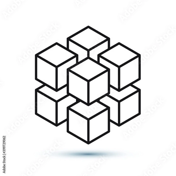 Fototapeta Geometric cube of 8 smaller isometric cubes. Abstract design element. Science or construction concept. Black outline 3D vector object. Eps10 vector illustration.