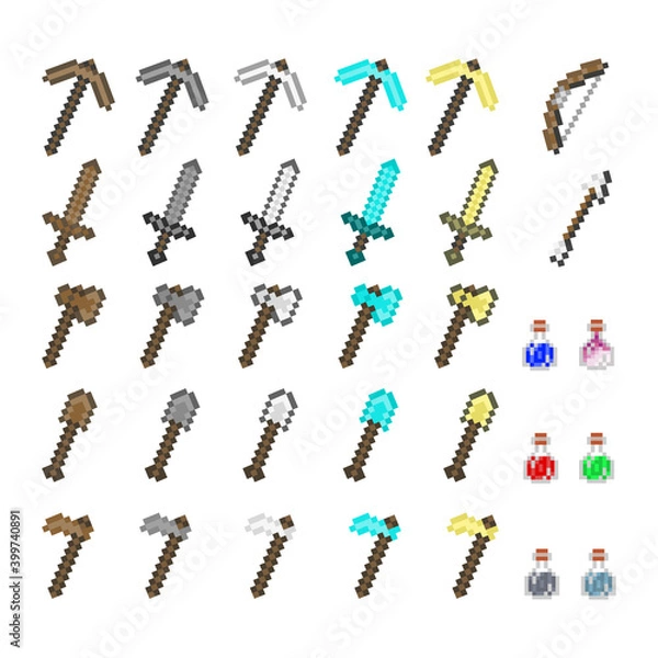 Fototapeta Pixel video game Weapons and Tools Items - Vector Set