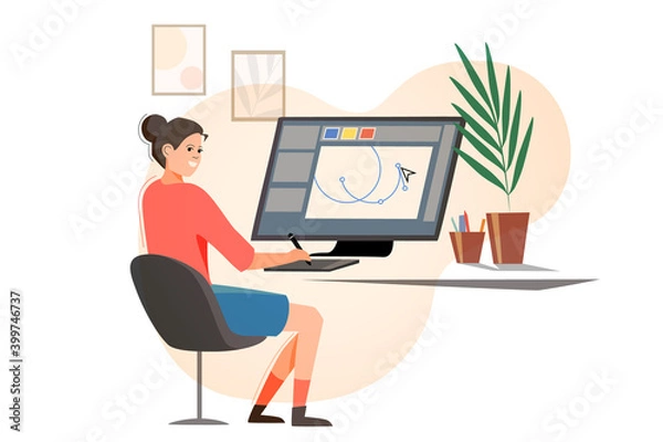 Fototapeta A girl is sitting at a large monitor and a graphic tablet, a young designer is working. Modern flat design, woman illustrator character.