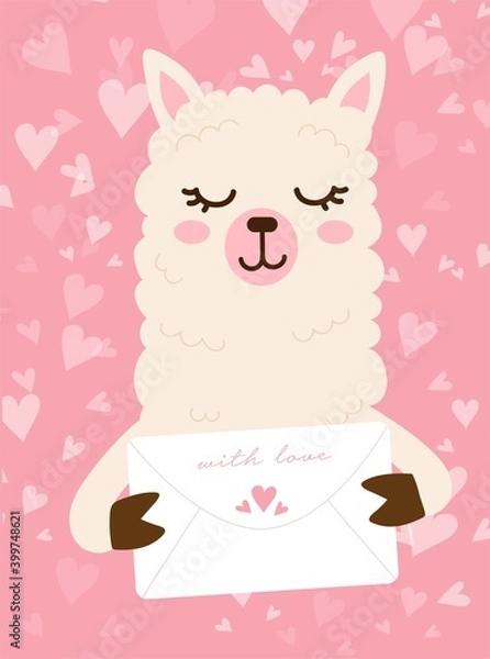 Fototapeta Valentines day card with cute funny llama holds love letter with hearts. Hand drawn vector illustration. Scandinavian style flat design. Concept for children holiday print