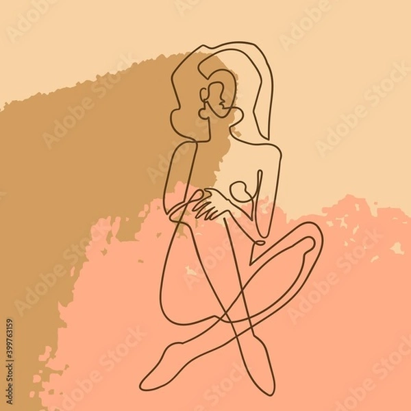 Fototapeta Vector outline illustration of woman body on abstract blobe background. One line drawing. Use it as greeting card, poster, banner, social media post, fashion print, invitation, sale, brochure