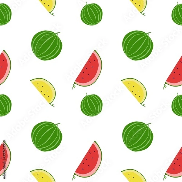 Obraz Red and yellow watermelon. Hand drawn seamless pattern with watermelon and slice of watermelon on white background. Summer pattern with fruits. Vector.