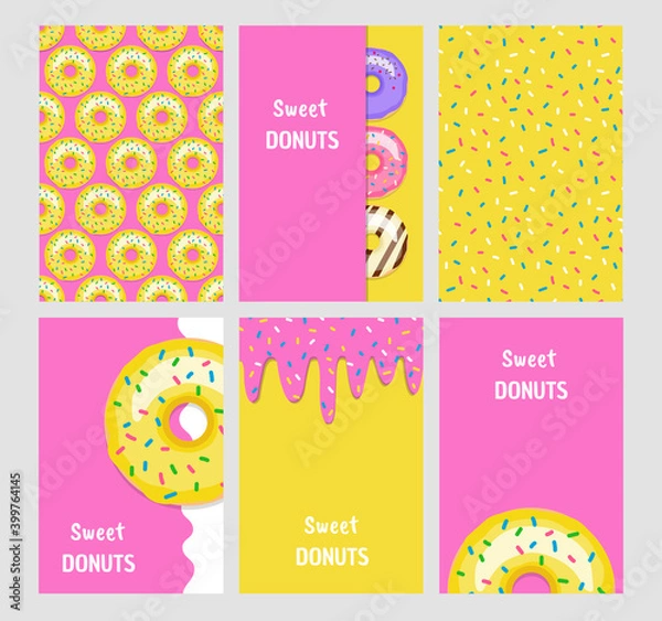 Fototapeta Set of bright food cards. Set of donuts with pink glaze. Seamless pattern, background, card, poster.