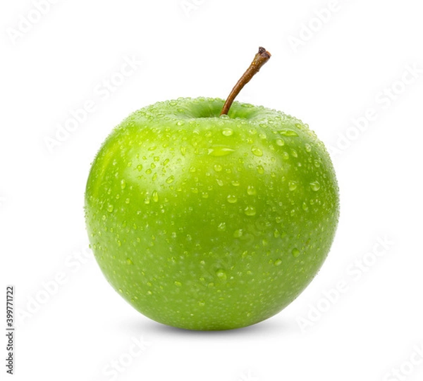 Fototapeta Green apple on white background with water drop